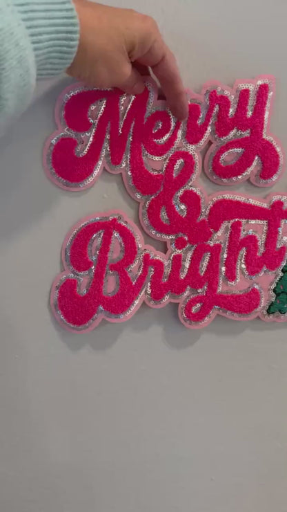 XL Merry and Bright Chenille Patch – Festive Christmas Iron-On / Sew-On Appliqué CK
