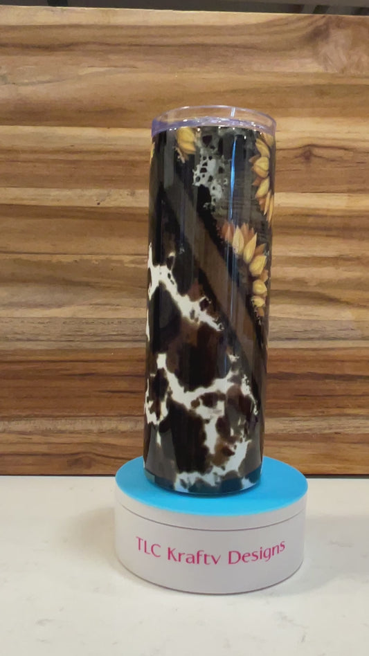 Captivating 20 oz sublimation tumbler, where the fierce elegance of leopard print and vibrant sunflowers