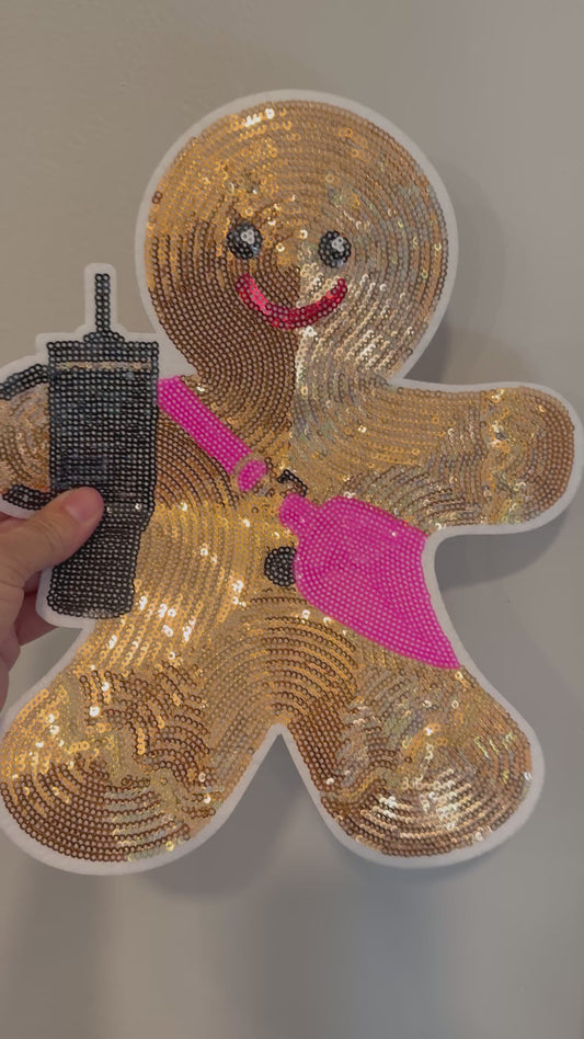 Gingerbread Girl XL Patch – Funny Holiday Iron-On Appliqué with Coffee Cup | Cute Christmas Patch for Sweatshirts, Hoodies & Totes