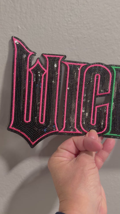 XL WICKED Sequin Patch Black Filled Design – Hot Pink and Green Sparkly Iron-On / Sew-On Applique CK