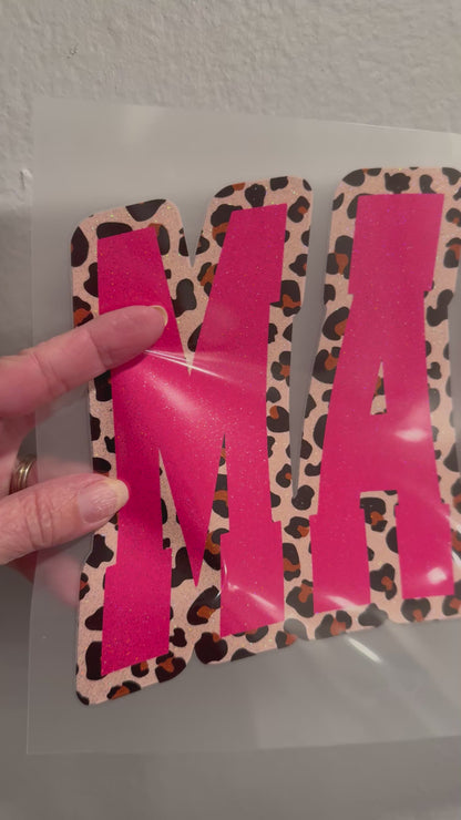 Pink Glitter Mama Silk Screen Transfer – Leopard Outline Ready to Press