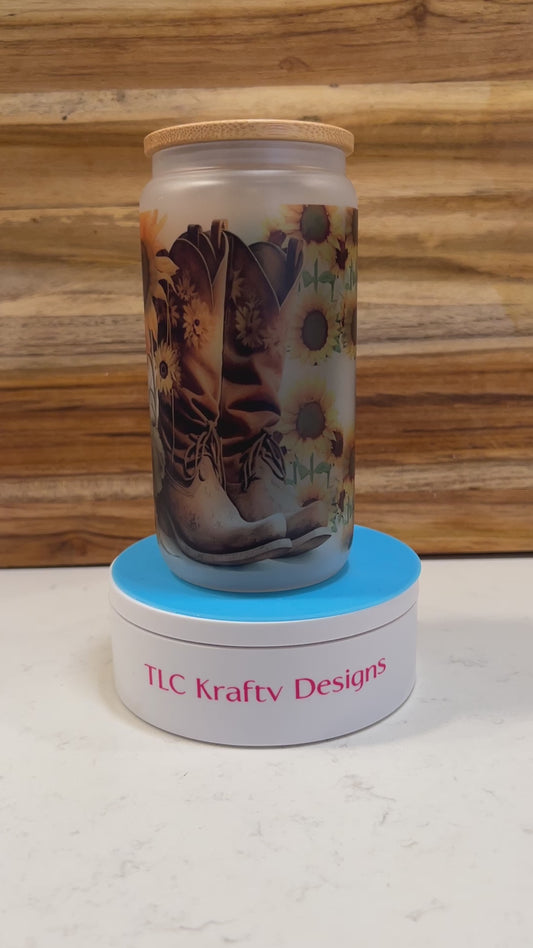 Charming sublimation 16oz glass tumbler, a perfect blend of rustic charm and sunny vibrancy designed for the cowgirls at heart.