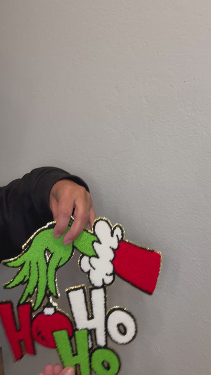 🎄 Ho Ho Ho Holiday Hand Patch – Chenille Extra Large Iron-On with Ornament Detail (Approx. 10”)