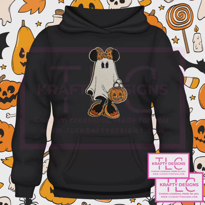 Ghost Mouse Halloween Hoodie – Black Hoodie with Chenille Patch, Pumpkin Bucket & Bow