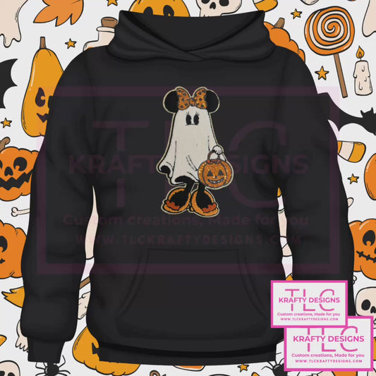 Ghost Mouse Halloween Hoodie – Black Hoodie with Chenille Patch, Pumpkin Bucket & Bow