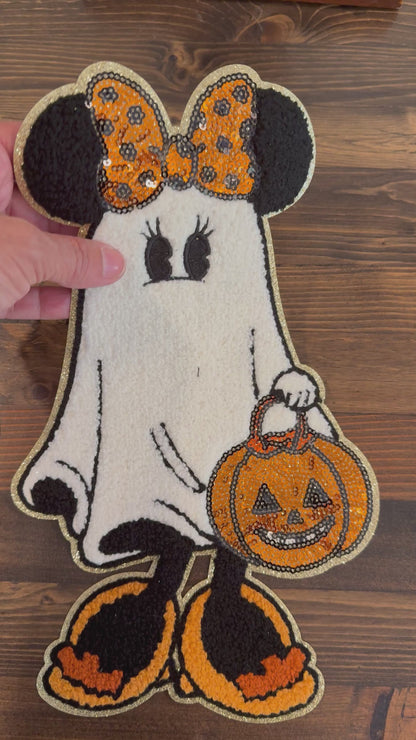 Halloween Ghost Girl Extra Large Patch – Iron-On with Sequin Pumpkin & Bow (Approx. 10”)