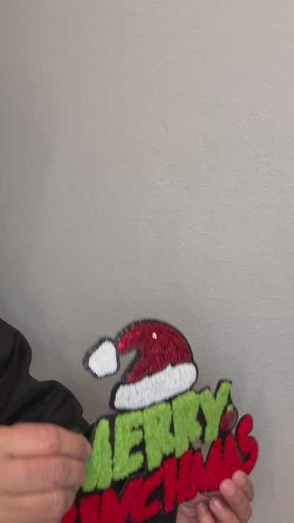 🎄 Merry Grinchmas Extra Large Patch – Sequin & Chenille Iron-On (Approx. 10”)