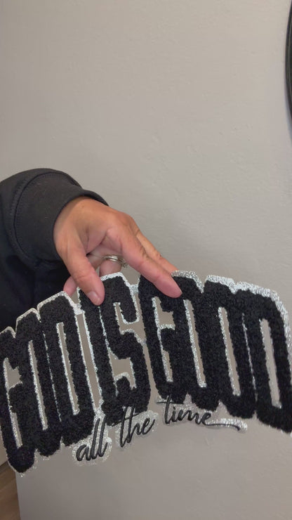 XL God is Good All the Time Chenille Patch – White Chenille with Gold Glitter Outline Iron-On