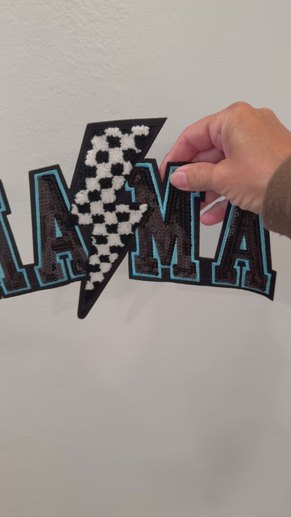 Mama Chenille Patch with Lightning Bolt – Iron On or Sew On Embroidered Patch, Pink or Blue Accent