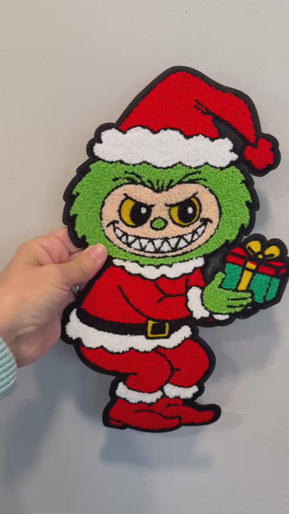XL Green Man-Inspired Santa Chenille Patch – Naughty Christmas Character with Gift Appliqué