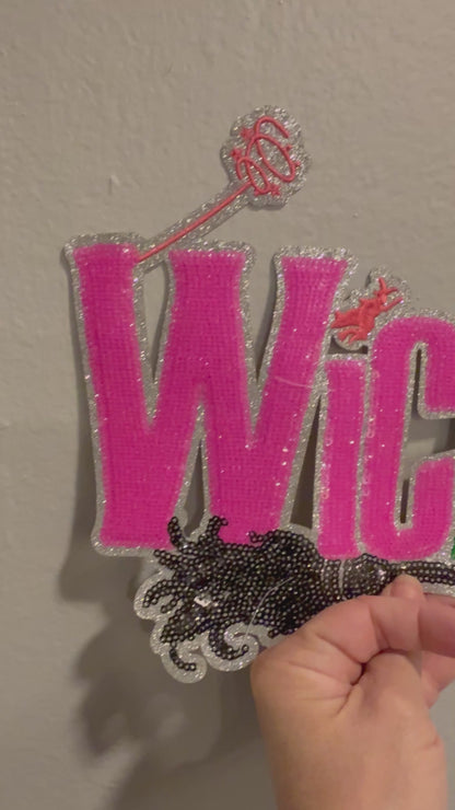 XL WICKED Sequin Patch Wand, Broom and Hat Detail – Hot Pink and Green Sparkly Iron-On / Sew-On Applique CK