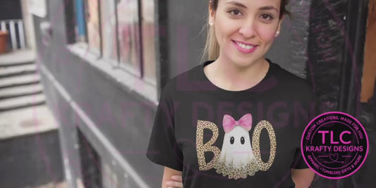 Boo Ghost T-Shirt – Cute Leopard Print Halloween Tee with Pink Bow