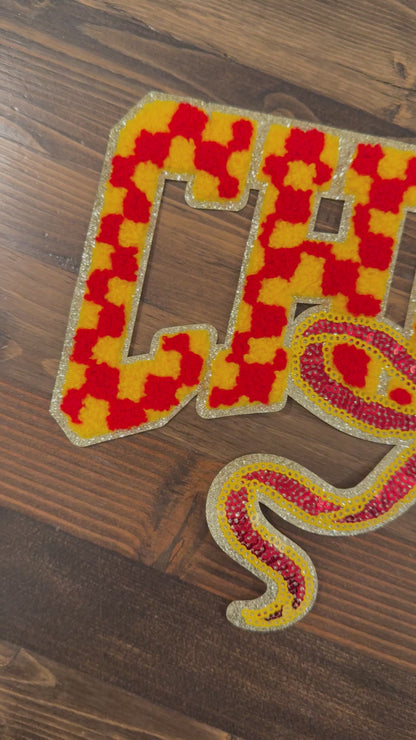 CHIEFS XL Chenille Patch with Spangle Bow | Red and Gold Football Patch | Game Day Iron-On Patch | Jacket Hoodie Patch