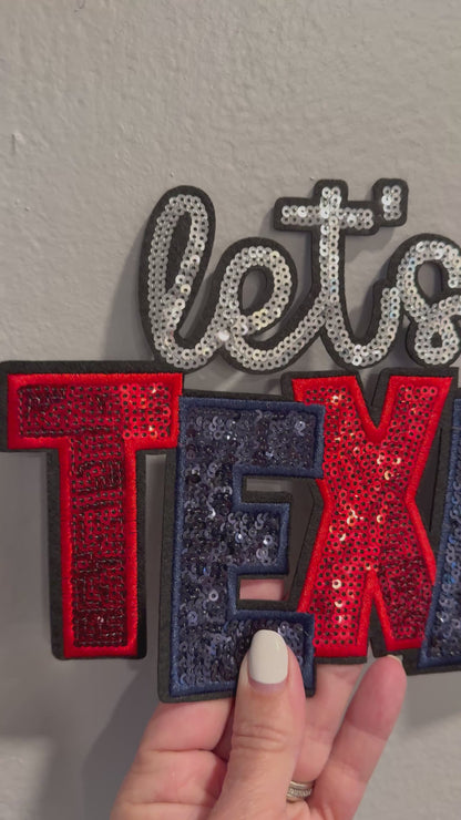 Let’s Go Texans XL Iron On Patch | Football Spirit Chenille Patch | Red White Blue Sports Patch | Game Day Jacket Sweatshirt Patch