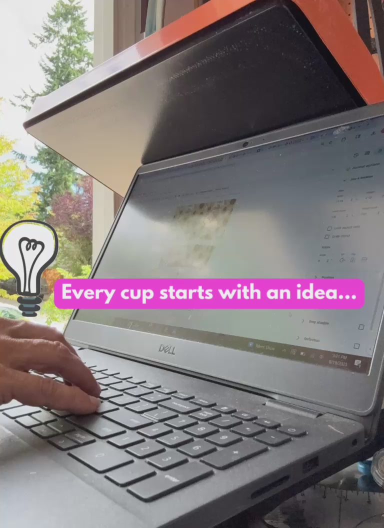 Load video: Behind-the-scenes video of the custom drinkware process, showing designs being applied to tumblers and cups by hand.