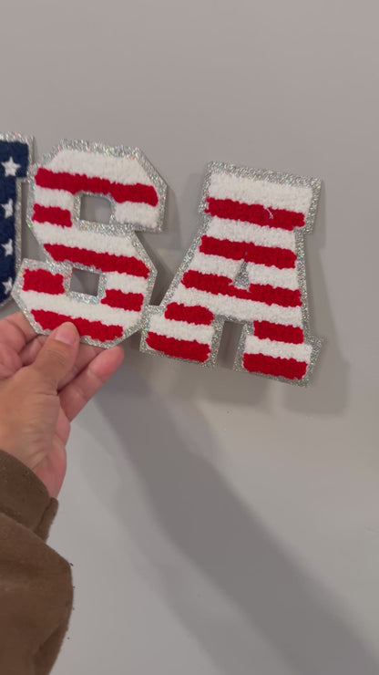 USA Chenille Patch – Red, White & Blue Stars and Stripes with Glitter Border – Iron On or Sew On Patriotic Patch