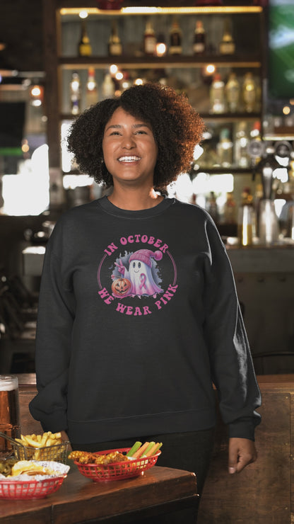 In October We Wear Pink Ghost Sweatshirt – Breast Cancer Awareness Halloween Sweatshirt – Pink Ribbon Support Apparel by TLC Krafty Designs