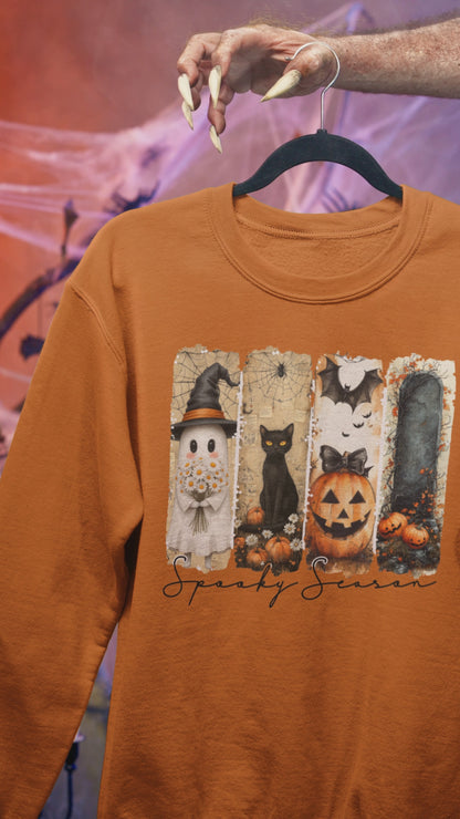 Spooky Season Halloween Hoodie – Ghost, Black Cat, Pumpkin & Grave Fall Sweatshirt