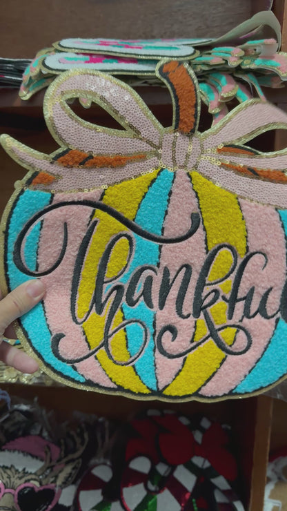 XL Thankful Pumpkin Chenille Patch – Fall Harvest Iron-On / Sew-On Appliqué