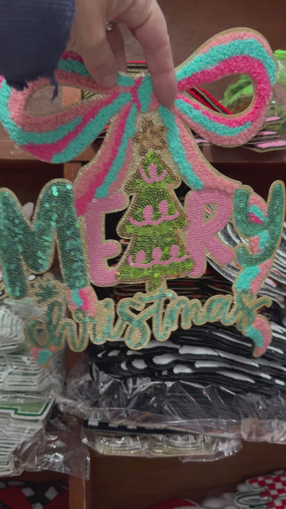 XL Pastel Merry Christmas Chenille Patch with Tree & Bow – Sequin Iron-On / Sew-On Appliqué