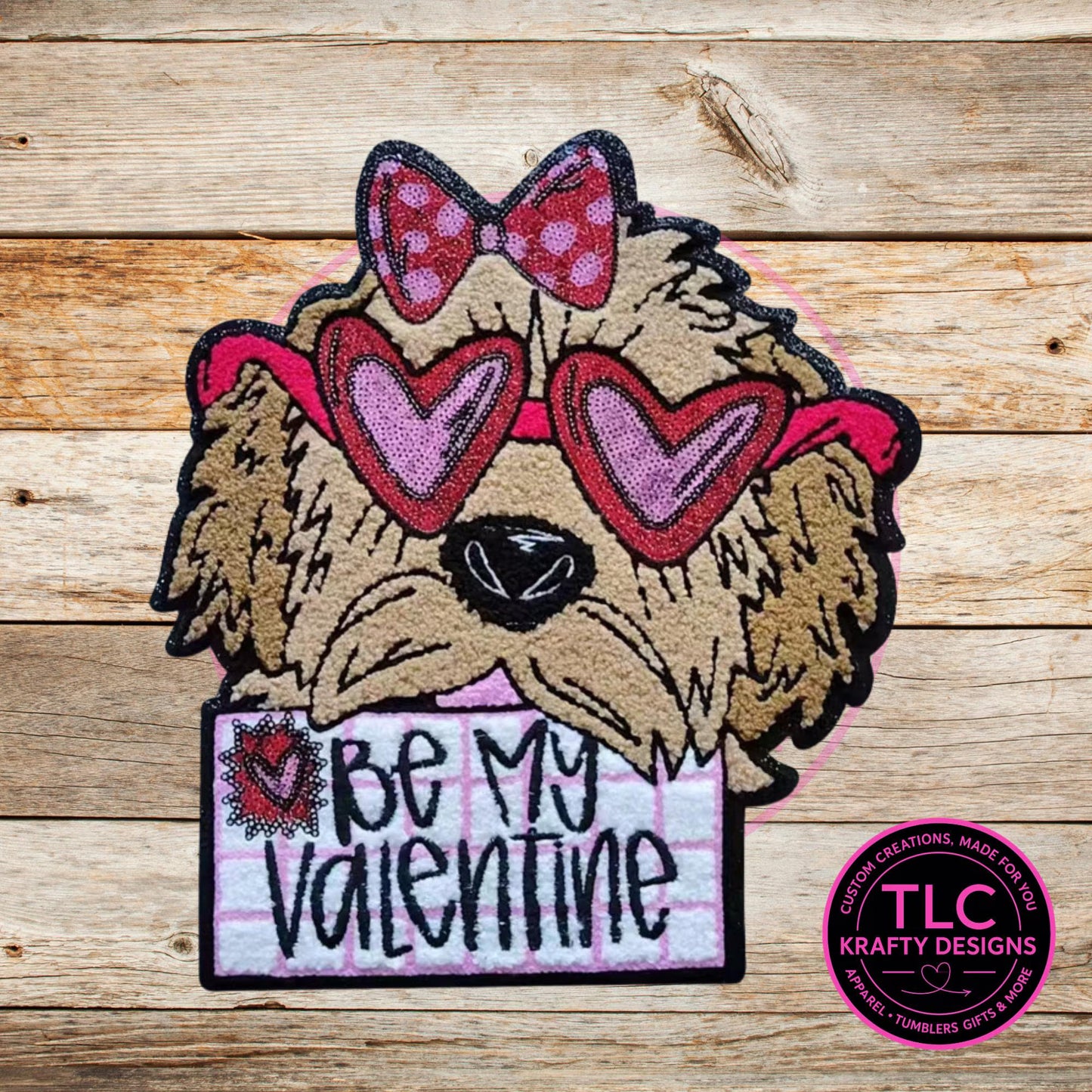 PREORDER XL Be my Valentine Dog with Sunglasses Chenille and Sequin Patch – Valentine Iron-On / Sew-On Applique CK