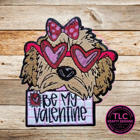 PREORDER XL Be my Valentine Dog with Sunglasses Chenille and Sequin Patch – Valentine Iron-On / Sew-On Applique CK