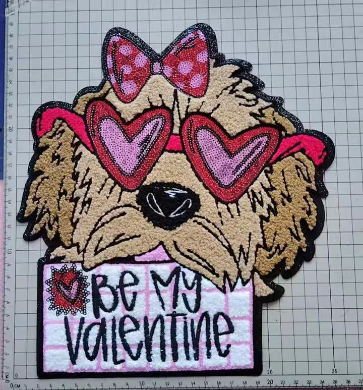 PREORDER XL Be my Valentine Dog with Sunglasses Chenille and Sequin Patch – Valentine Iron-On / Sew-On Applique CK