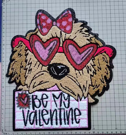 XL Be my Valentine Dog with Sunglasses Chenille and Sequin Patch – Valentine Iron-On / Sew-On Applique CK