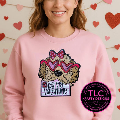 XL Be my Valentine Dog with Sunglasses Chenille and Sequin Patch – Valentine Iron-On / Sew-On Applique CK