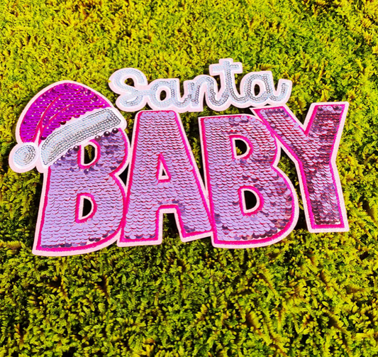 Santa Baby Sequin Patch – Pink & Red Christmas Chenille Patch with Santa Hat, Holiday DIY Iron-On or Sew-On