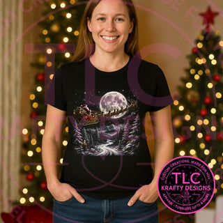 Santa's Sleigh Moonlight Flight design on a black t-shirt