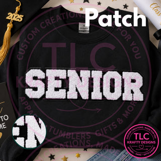 Senior chenille patch on black sweatshirt