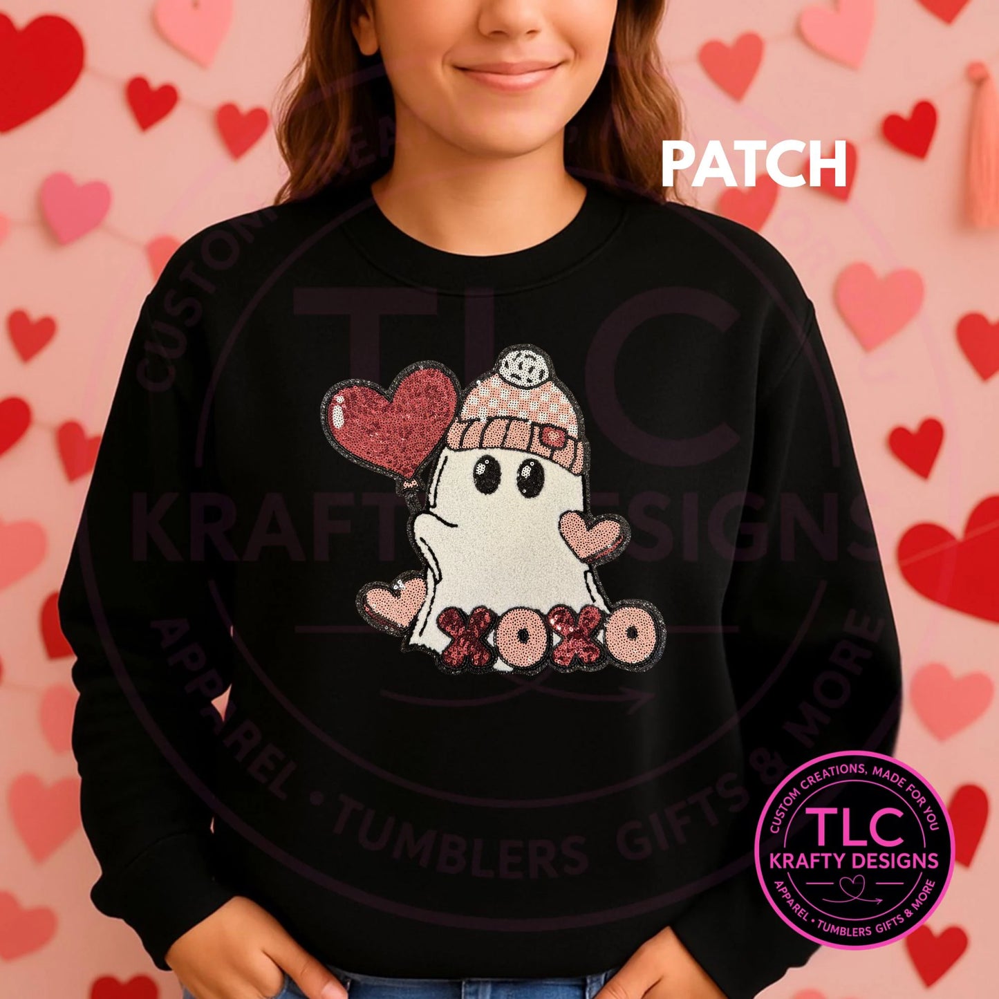 XL Valentine Ghost XOXO Sequin Patch – Valentine Iron-On / Sew-On Applique CK