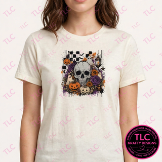 Floral Skull Halloween Shirt, Skull and Pumpkin Tee, Spooky Floral Shirt, Halloween Skull Sweatshirt, Gothic Halloween Gift - Comfort Colors mockup
