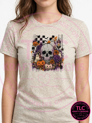 Floral Skull Halloween Shirt, Skull and Pumpkin Tee, Spooky Floral Shirt, Halloween Skull Sweatshirt, Gothic Halloween Gift - Gildan mockup