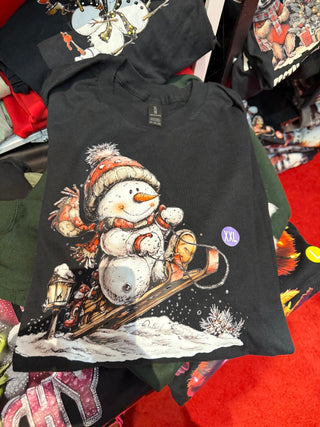 Snowman Sleigh design on a black long sleeve shirt