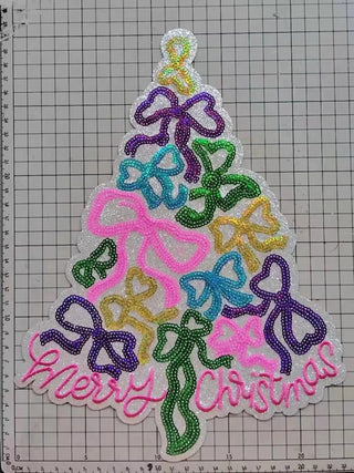 PREORDER Merry Christmas Bow Tree Sequin Patch – Multicolor Holiday Tree Iron-On / Sew-On Applique CK