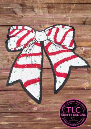 XL Candy Cane Christmas Bow Chenille Patch – Festive Holiday Iron-On / Sew-On Applique CK