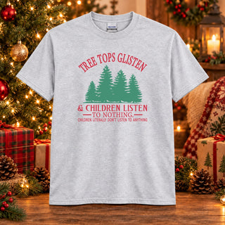 Tree Tops Glisten Children Listen green trees design on an Ash t-shirt