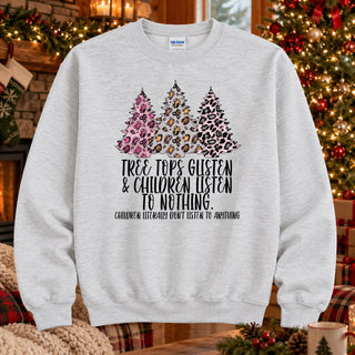 Tree Tops Glisten Children Listen leopard trees design on an Ash crewneck sweatshirt