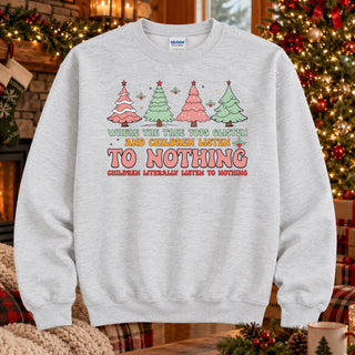 Where the Tree Tops Glisten pastel trees design on an Ash crewneck sweatshirt