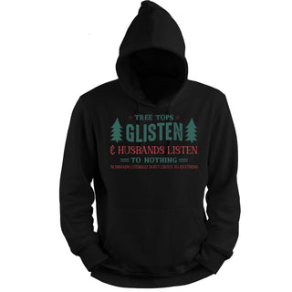 Tree Tops Glisten Husbands Listen design on a Black hoodie, alternate view