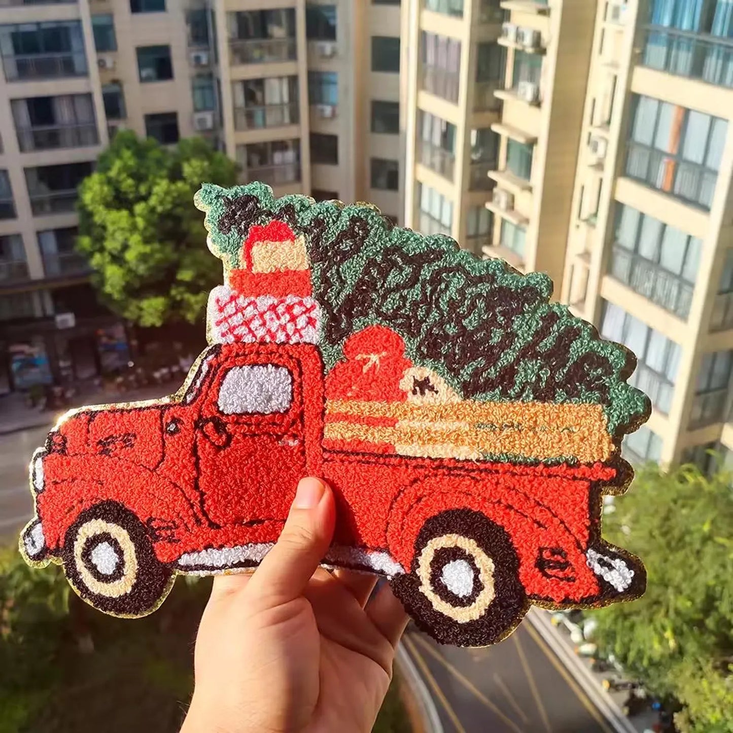 XL Red Christmas Truck with Tree Chenille Patch – Festive Holiday Iron-On / Sew-On Applique CK