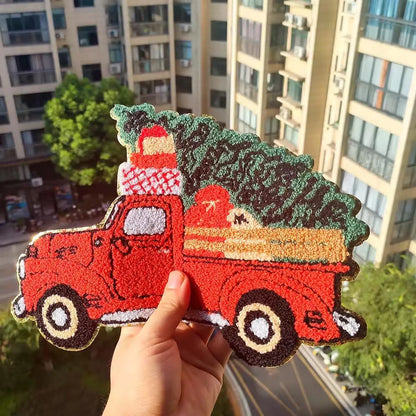 XL Red Christmas Truck with Tree Chenille Patch – Festive Holiday Iron-On / Sew-On Applique CK