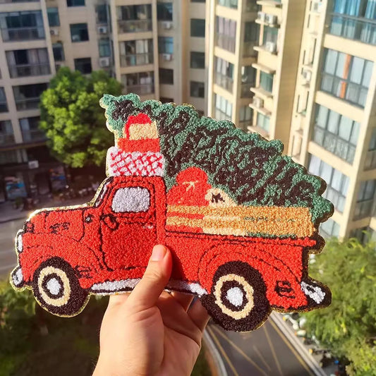 XL Red Christmas Truck with Tree Chenille Patch – Festive Holiday Iron-On / Sew-On Applique CK
