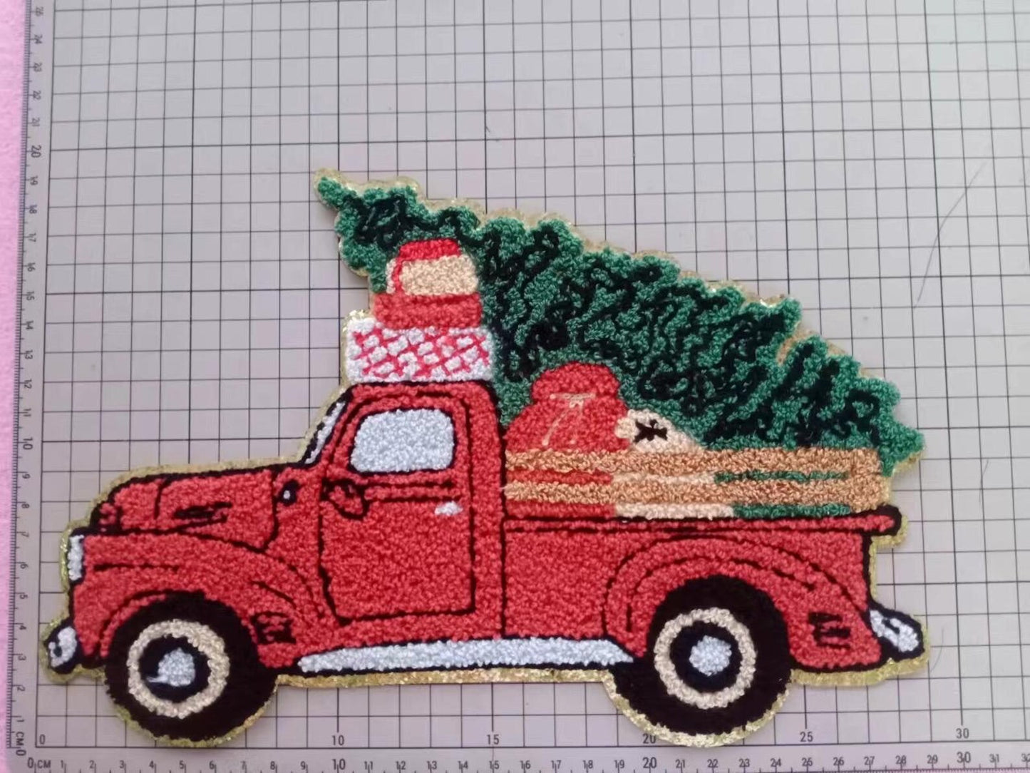 XL Red Christmas Truck with Tree Chenille Patch – Festive Holiday Iron-On / Sew-On Applique CK