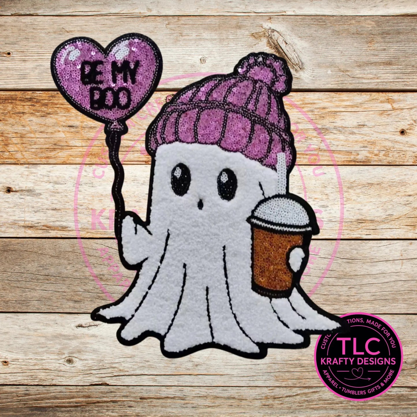 PREORDER XL Be My Boo Ghost Chenille and Sequin Patch – Valentine Iron-On / Sew-On Applique CK