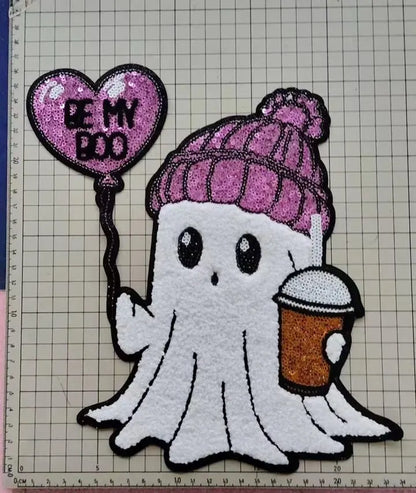 PREORDER XL Be My Boo Ghost Chenille and Sequin Patch – Valentine Iron-On / Sew-On Applique CK