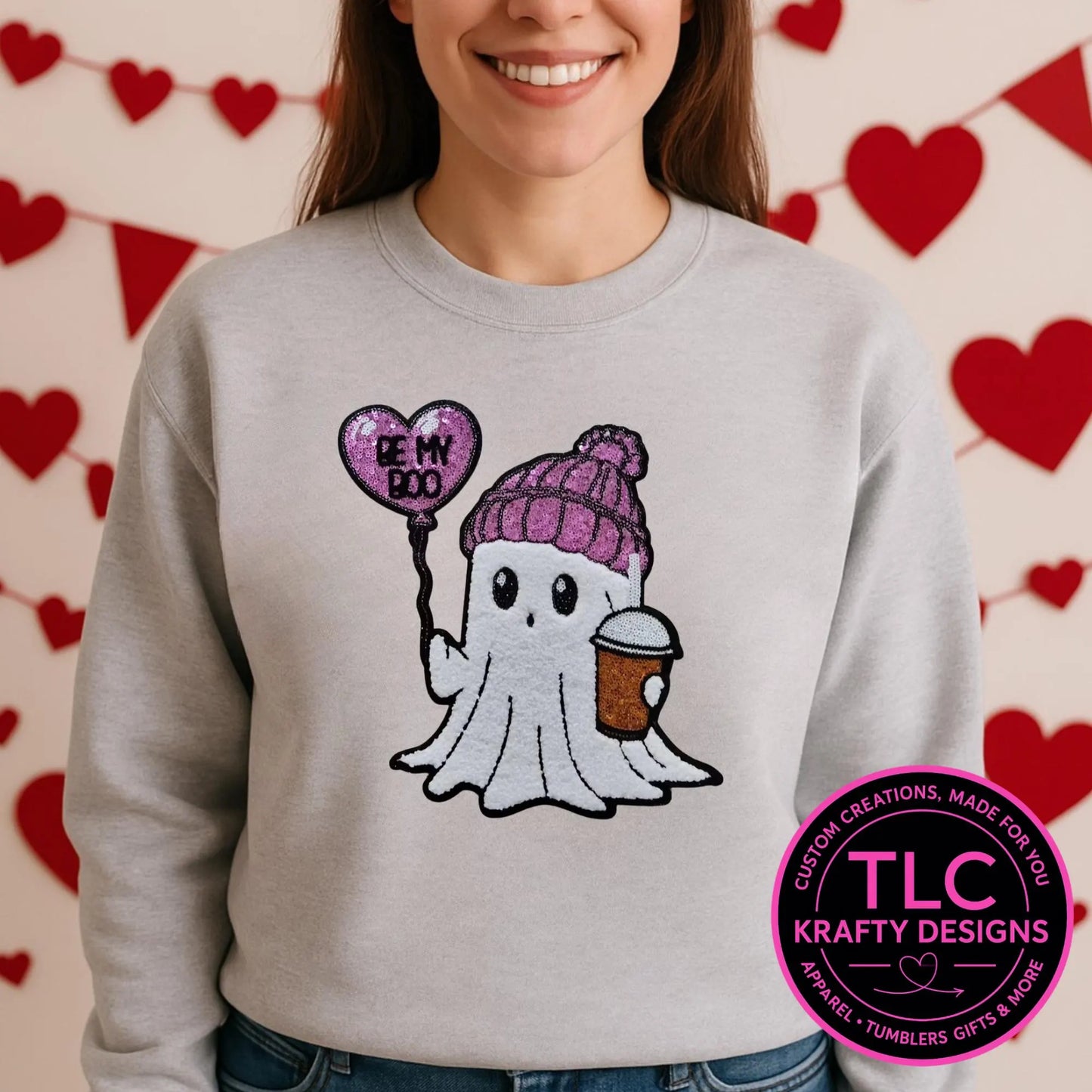 PREORDER XL Be My Boo Ghost Chenille and Sequin Patch – Valentine Iron-On / Sew-On Applique CK