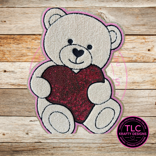 XL Teddy Bear Chenille Patch – Valentine Iron-On / Sew-On Applique CK